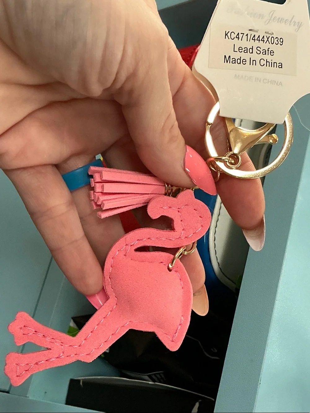 Fashion Jewelry Pink Rhinestone Flamingo Keychain with Gold Hardware